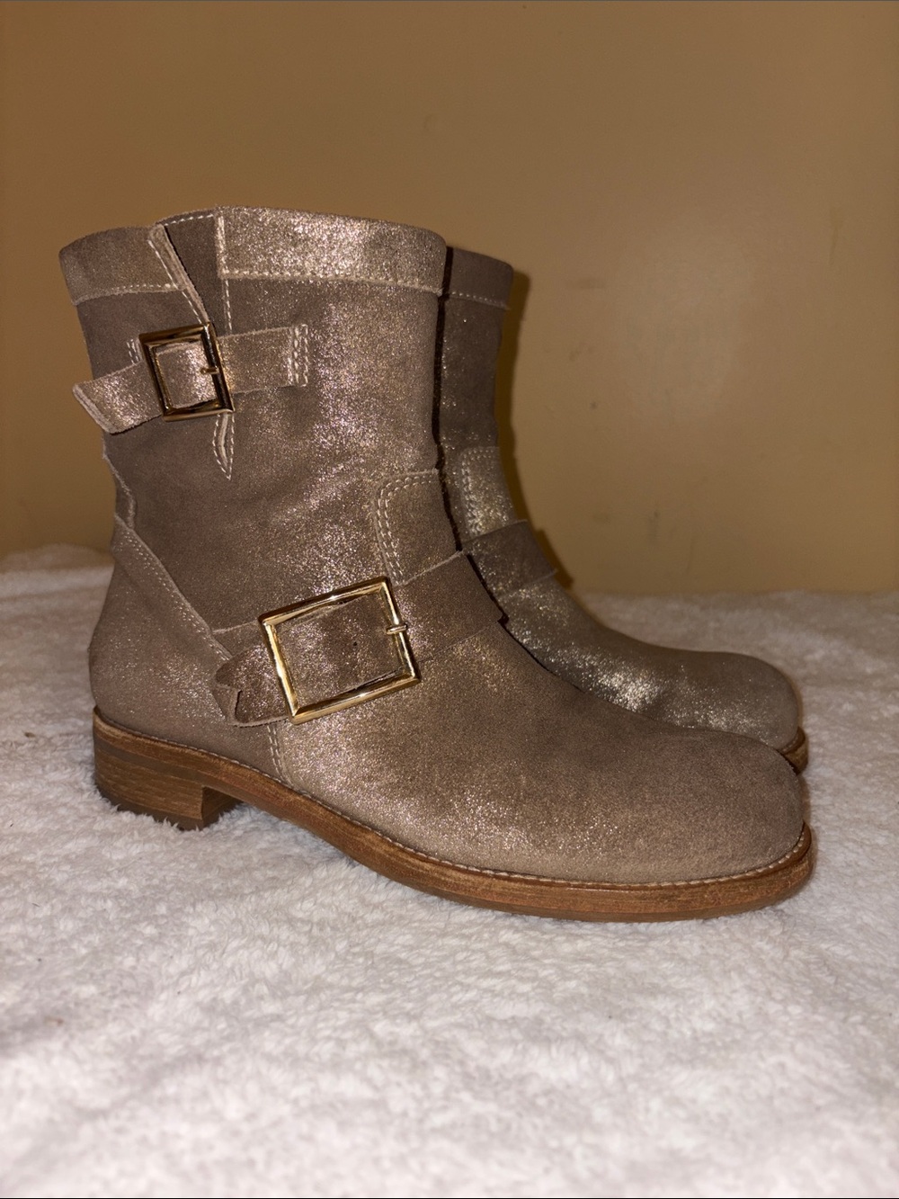 Jimmy Choo Taupe Suede Buckle Ankle Boots